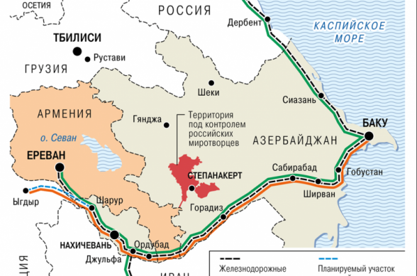 «Коммерсантъ» опубликовал карту транспортных коридоров и железных дорог, вокруг которых пришли к согласию Армения, Россия и Азербайджан