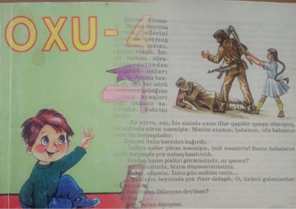 Ադրբեջանական դասագիրք՝ 4-րդ դասարանցիների համար, աղջիկը կացինով խփում է հայ զինվորի գլխին (լուսանկար)