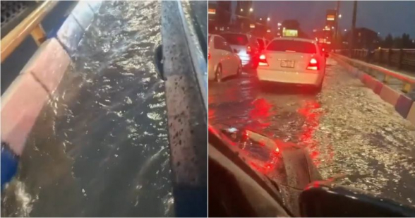Киевский мост в Ереване наводнило проливным дождем